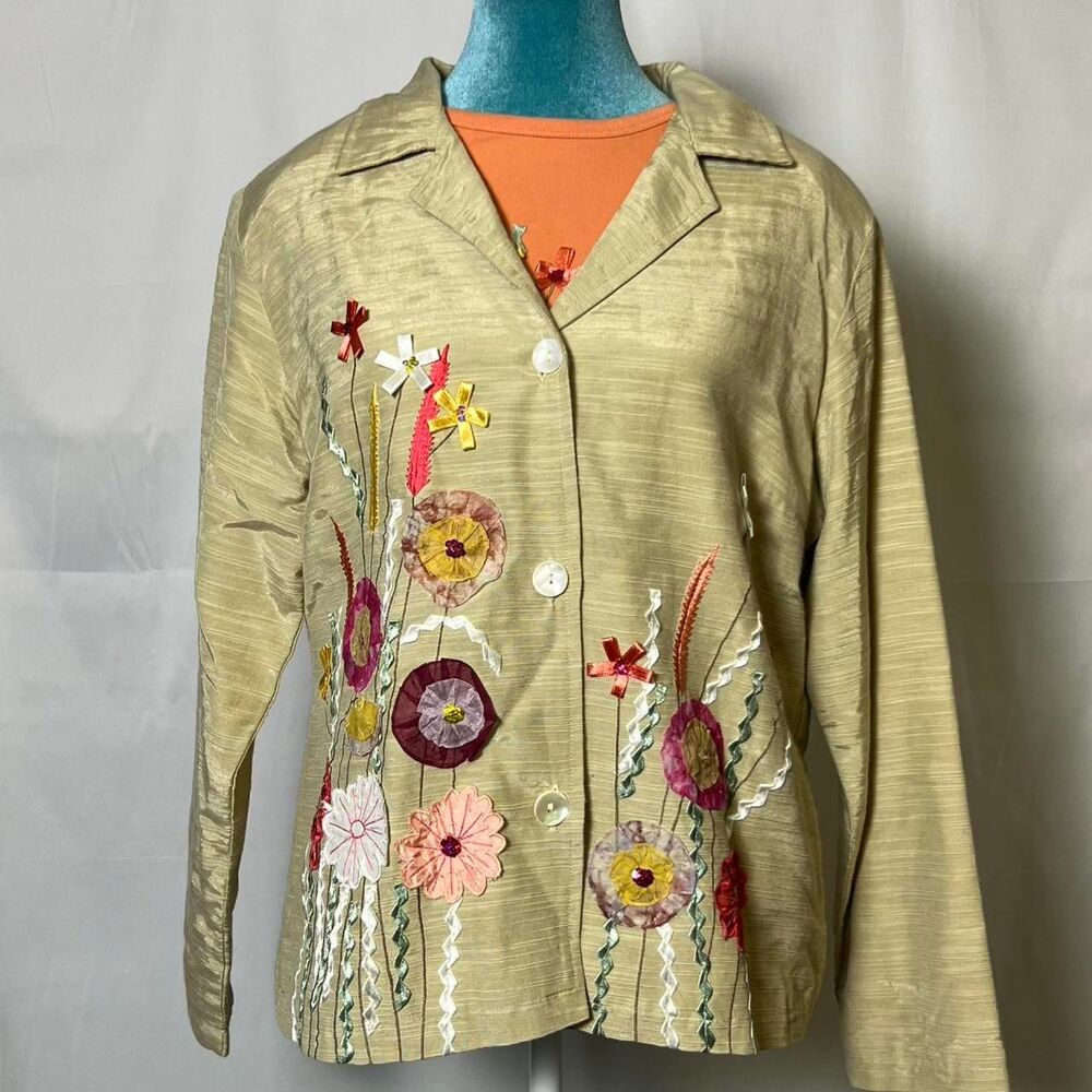 Whimsical Art Teacher Vintage Indigo Moon Embroidered Floral Set Size M